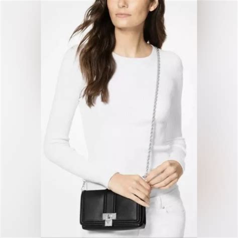 NWT 8 Michael Kors Padlock Chain Crossbody Black Silver 